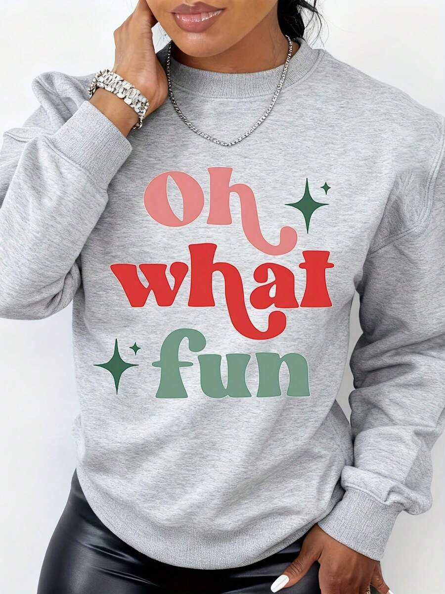 Oh What Fun Printed Crewneck Sweatshirt Red Green Pink Christmas Holiday Party Wear - Grey - View 1