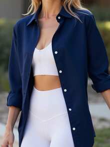 女士宽松长袖衬衫一件装，舒适休闲，适合运动、锻炼和户外活动。