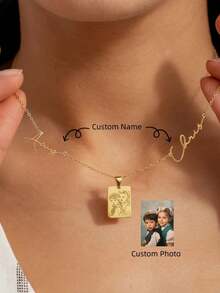 Custom 2 Names Necklace , Personalized Photo Engraved Necklace, Custom Picture Engraving, 18k Stainless Steel Necklace ,Gold /Sliver Portrait Pendant, Personalized Family/Pet Jewelry, Perfect Gift - Multicolor - Customize Your Name + Picture - View 2