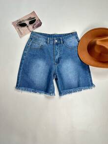 Washed Denim Non-Stretch Bermuda Shorts With Pockets, Casual Straight Leg Style, Women's - Medium Wash - View 5