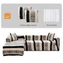L Shape Sofa Cover For Sectional Sofa Couch Slipcover Stretch Velvet Sofa Slipcover For 3+3 Seat Sofa / 3+4 Seat Sofa Elastic Cozy Warm, Pet-Friendly Anti-Slip Anti-Dirt Furniture Protector, 2Pcs/Set Dual-Color Jacquard Plush Sofa Slipcovers, Includes 2 Pillow Cases For Universal Arm L Shape Sofa - 黑色 - 查看 2