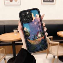 Cubierta de teléfono con borde negro diseño paisaje rural con casa y cielo nublado para uso diario en cafeterías y espacios exteriores Aplicable a los teléfonos de la serie Apple y Galaxy - Negro - Ver 2