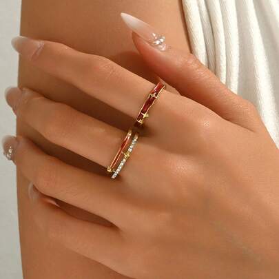 2pcs Vintage French Red Glaze Starburst Ring Set, Niche Design Stackable Rings, Luxury Ins-Style Hand Accessories For Women, Suitable For Daily Commute