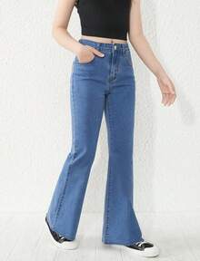Flare Jeans For Girls, Teen Style, Cotton Denim, Sizes 10 To 16 - 中等水洗藍 - 查看 4