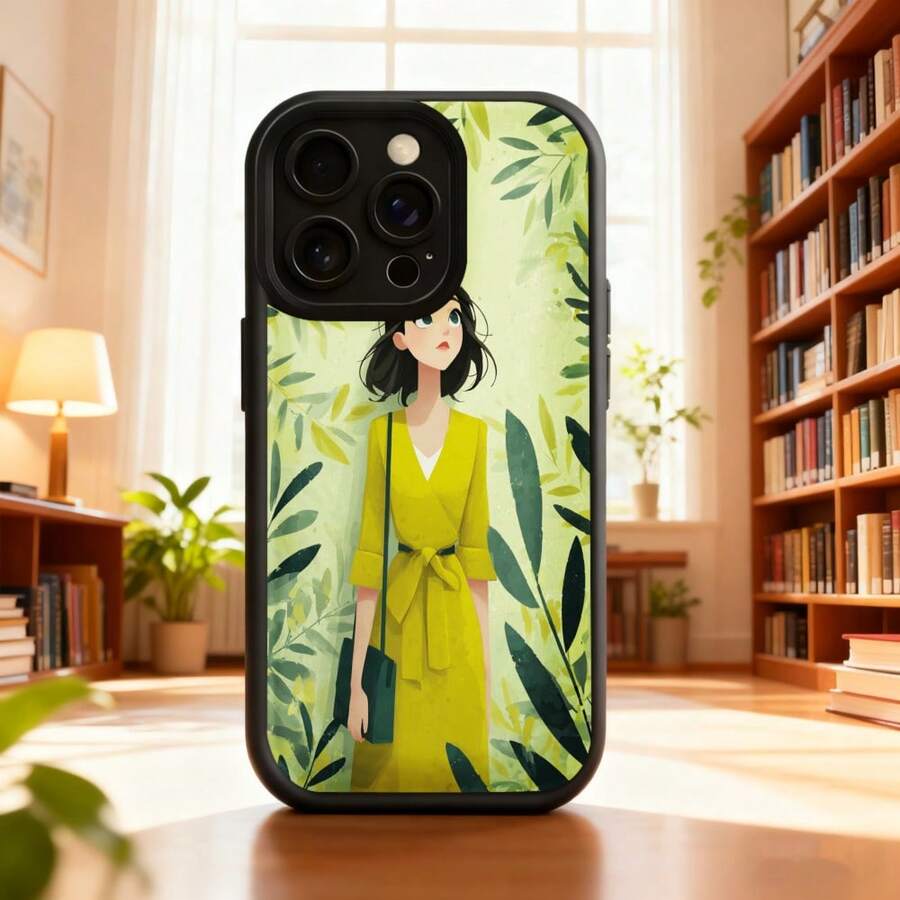 Cubierta de teléfono con diseño de mujer en vestido amarillo estampado con hojas verdes para uso diario y lectura en biblioteca Aplicable a teléfonos Apple y Galaxy - Blanco - Ver 1