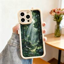Cubierta de teléfono con borde protector negro con estampado de bosque mágico y rayos de sol para uso diario y viajes - Café integral - Ver 4