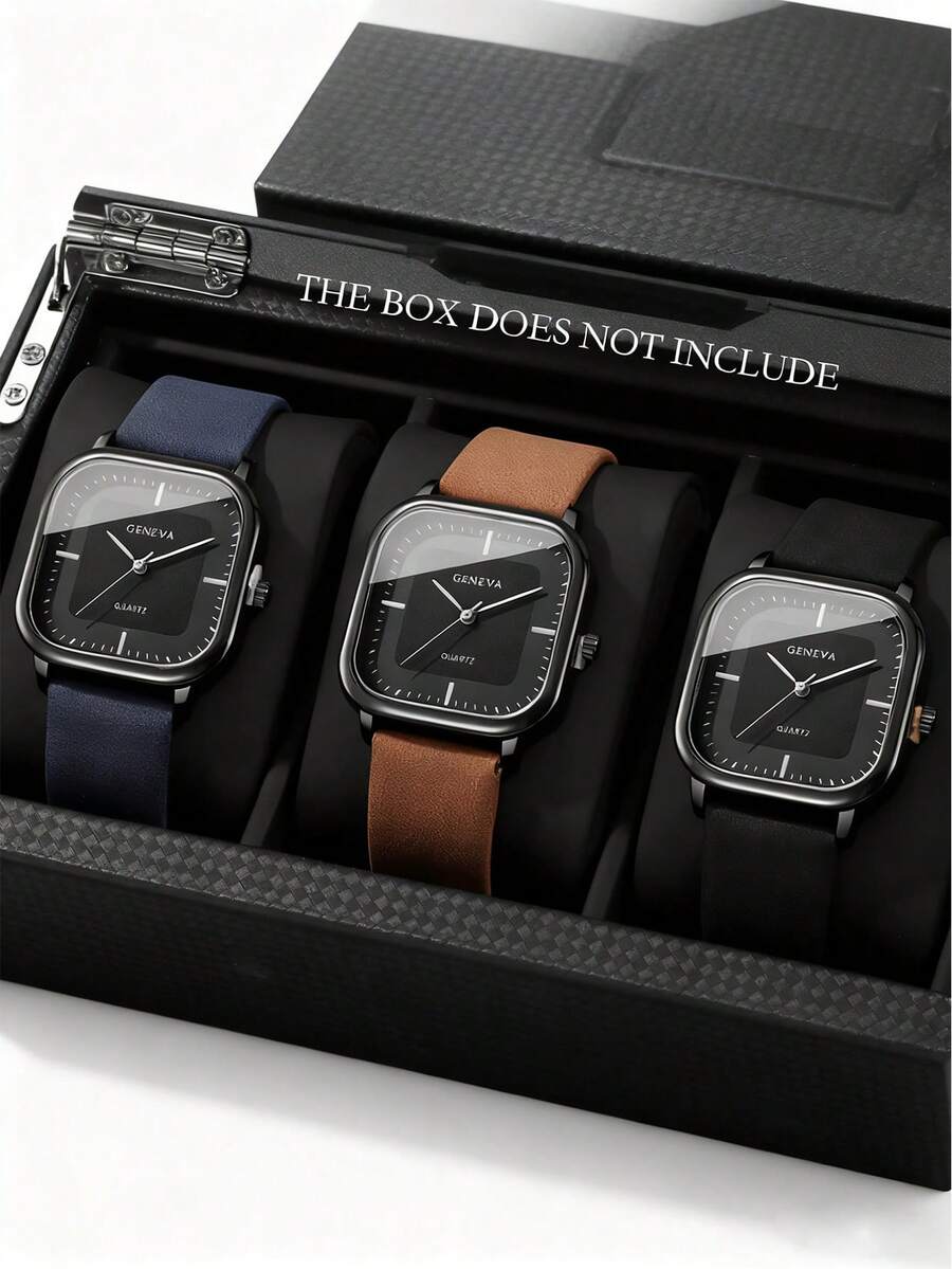 3pcs/Set Retro Minimalist Men's Wrist Watch Set, Featuring Square Dial Design With Blue, Brown And Black Interchangeable Straps. The Elegant Design Makes It Suitable For Daily Commute, Casual Outings And Other Occasions.