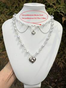 1pc Adorable Multi-Layer Faux Pearl Choker With Silvery Heart Accent - Perfect Birthday Gift, Y2K Accessory For Daily Wear And Special Occasions - Silver - View 11