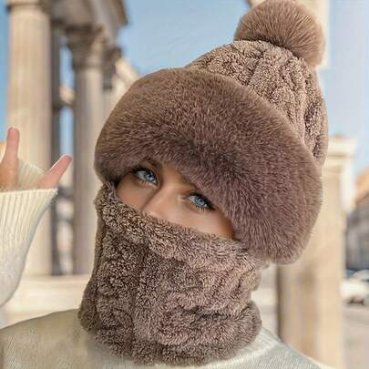 [5 Colors Available]Hat And Scarf Integrated Hat With Fleece Lining, Thickened For Windproof And Cold Protection, Warm Pullover Hat, Pullover Style, Hand Wash Only, Soft Texture, Cycling Head Cover, Cold-Proof Hat, Suitable For Cold Regions, Winter Cyclists