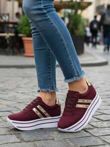 MUJER ZAPATILLAS DEPORTIVAS CON CORDONES TENIS DE PLATAFORMA VINO - Granate - Ver 2