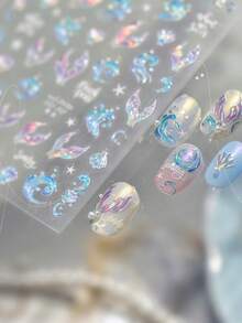 1片果冻极简美人鱼尾巴、蓝紫色贝壳、海星、扇贝5D美甲贴纸，半透明梦幻海洋美甲贴花，适合长短指甲，女士自粘美甲装饰贴纸 - 彩色 - 查看 2