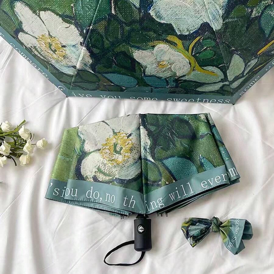 Guarda-chuva dobrável portátil com pintura a óleo automática, rosa selvagem, reforçado com 8 varetas, revestimento preto decorativo, proteção UV. - Multicolorido - Ver 1