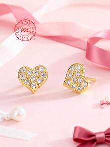 Artepollo 14K镀金925纯银镶嵌立方氧化锆心形耳钉，女士款，低过敏性，防褪色，轻盈舒适，日常佩戴，礼盒包装，圣诞礼物