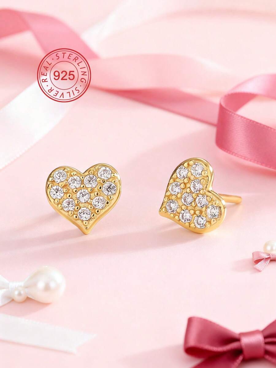 Artepollo 14K镀金925纯银镶嵌立方氧化锆心形耳钉，女士款，低过敏性，防褪色，轻盈舒适，日常佩戴，礼盒包装，圣诞礼物