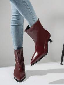 Bottes pour femmes bordeaux, nouvelles bottes à bout pointu et talon chaton, élégantes, mode, polyvalentes, bottes de cheville classiques noires à enfiler, minimalistes, élégantes, mode, convenant pour les vacances, les fêtes, les rassemblements, les trajets domicile-travail, les rendez-vous - Rouge foncé - Voir 4