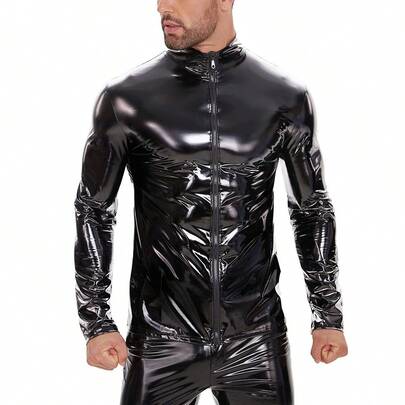 Men PVC Leather Long Sleeve Zipper Coat Bodysuit Leotard Clubwear