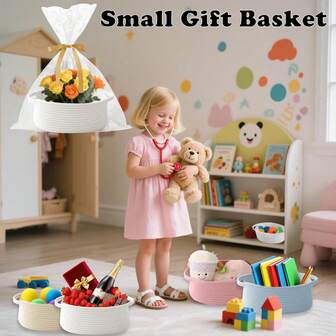 Gift Basket With Gift Bag And Ribbons,Small Rope Woven Shelf Storage,Baskets For Gifts Empty,Birthday,Shower,Decorative Organizer Box For Cat Dog Pet With Handles(White)