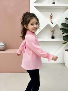 Blusa con maniche a sbuffo a righe rosa e bianche per ragazze, stile dolce e minimalista, carina - Rosa - Visualizzare 4