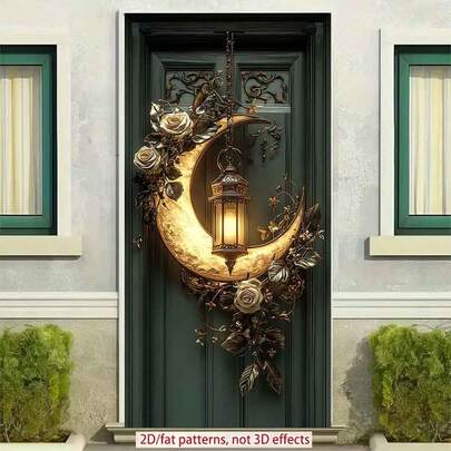 2D FLAT Polyester Ramadan Door Banner 1pc Exquisite Crescent - Moon Wall Decor With Lantern And Roses Eid Al-Fitr Photo Props And Supplies, Suitable For Muslim Ramadan And Eid Al-Adha Celebrations, Islamic-Themed Holiday Decorations