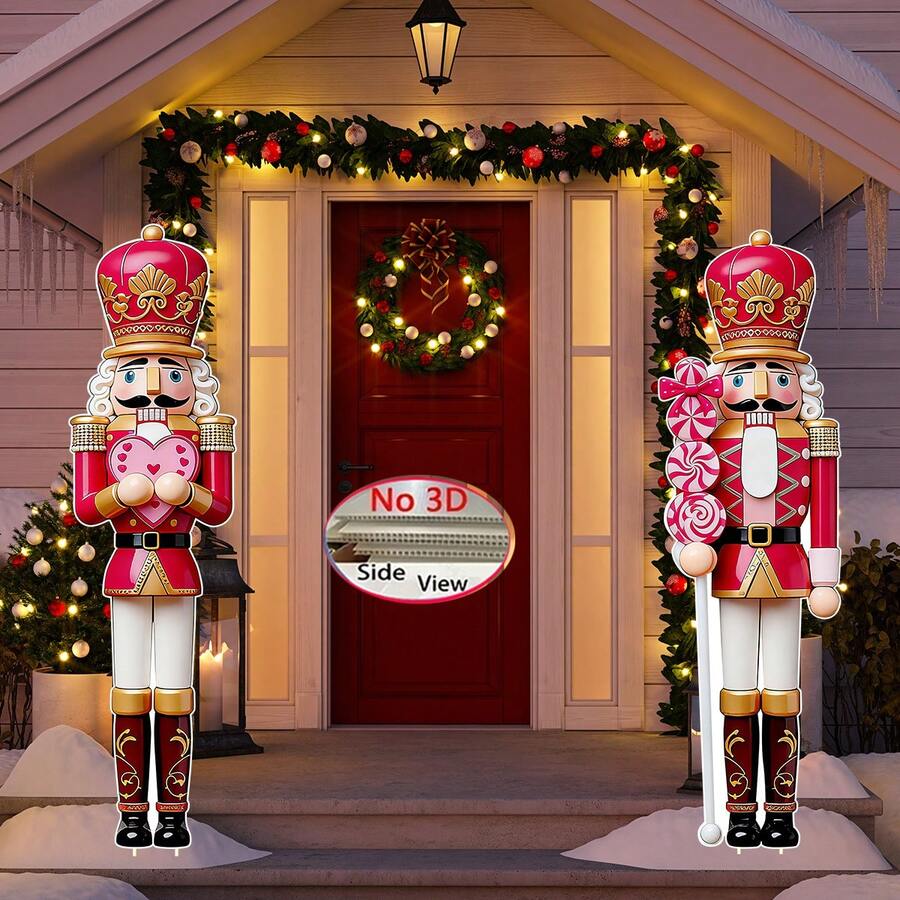 2 Peças Decoração Externa de Quebra-Nozes de Impressão Plana 2D - Placas de Jardim de Quebra-Nozes de Natal, Quebra-Nozes de 29,5 polegadas segurando coração rosa e bastão de doces para jardim, quintal, pátio, gramado e suprimentos para festa de Natal externa