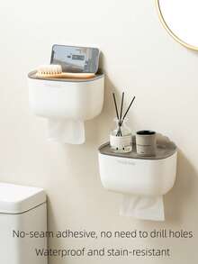 1pc Fashionable Multi-Function Tissue Box Bathroom Storage Rack, Toilet Paper Holder, Wall-Mounted Large Capacity Tissue Dispenser - White - View 3