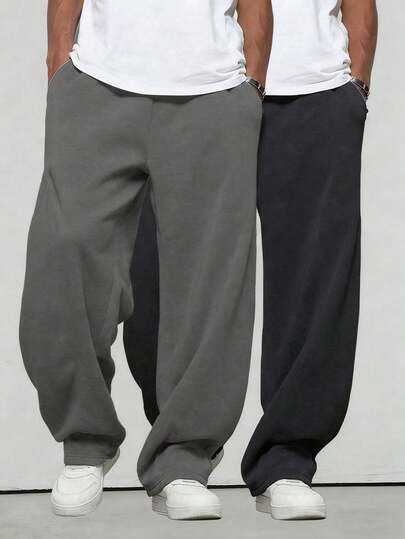 2pcs Teen Boys Casual Elastic Waist Pants, Slightly Stretchy Fashion Youth Outdoor Thermal Lined Warm Comfortable Straight Leg Trousers, Spring Autumn Winter