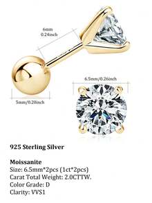 XUJIA 2.0 Carat Total Weight Moissanite Stud Earrings, 925 Sterling Silver Screw Back, 6.5mm-1 Carat D Color VVS1 Clarity Round Cut Moissanite Earrings, Jewelry Gift For Women, Anniversary, Birthday, Christmas - 金黃色 - 查看 6