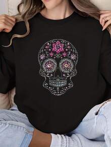 Women Hoodie Sugar Skull Floral Rhinestone Print Boho Style Round Neck Sweatshirt Casual Daily Wear Comfortable Fabric Perfect As A Gift - 黑色 - 查看 1