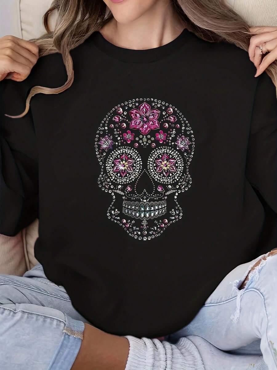 Women Hoodie Sugar Skull Floral Rhinestone Print Boho Style Round Neck Sweatshirt Casual Daily Wear Comfortable Fabric Perfect As A Gift - 黑色 - 查看 1