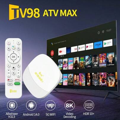 TV98 ATV Max Android 14 TV Box, Chip Allwinner H313, Supporta WiFi 6, 4G/5G, Bluetooth, 8K, 4K AV1 Full HD Smart Media Player, Con Controllo Vocale E