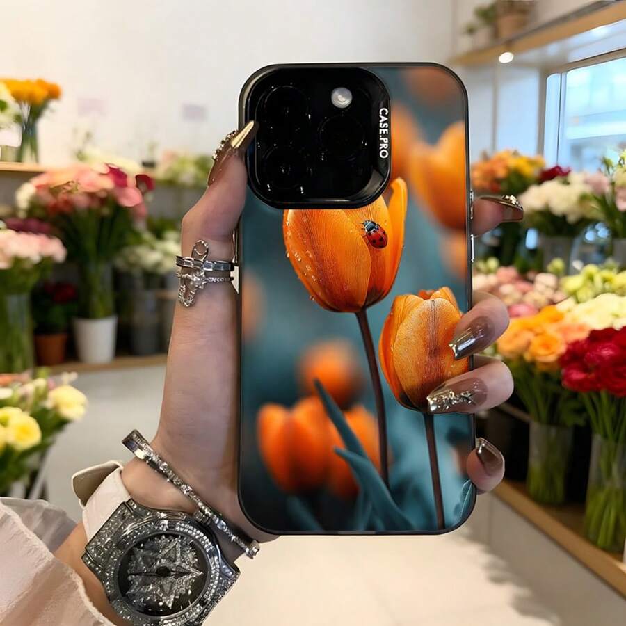 Cubierta de teléfono con diseño de tulipanes naranjas y escarabajo rojo color negro para mujer elegante uso diario en floristería Aplicable a los teléfonos de la serie Apple y Galaxy - Blanco - Ver 1