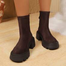 Women's Casual Thick-Soled Ankle Boots - Rear-Zip Round-Toe Boots Covered With Flannelette, All-Season Shoes, Comfortable To Wear, Featuring A Stylish Lace-Up Design With Fabric Lining Autumn And Winter New Collection - Coffee Brown - View 4