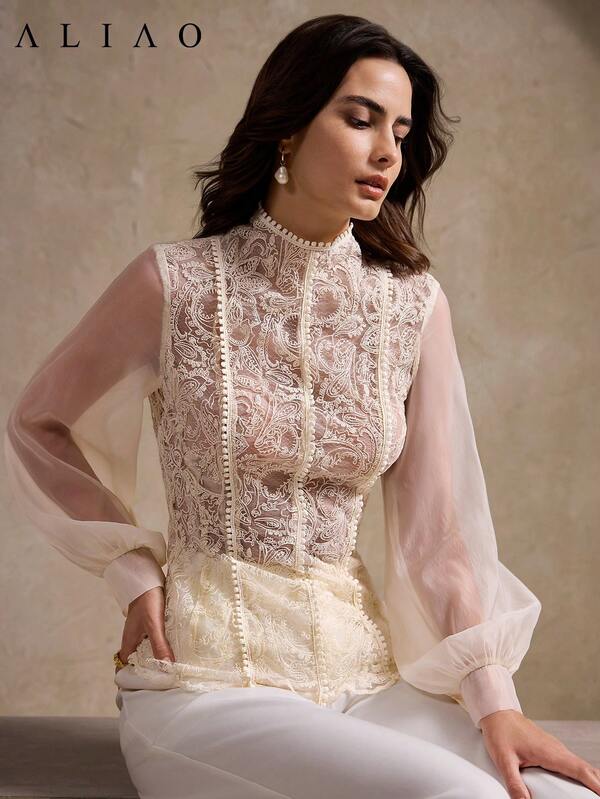 Aliao Paisley Embroidered See Through Romantic Long Sleeves Mesh Patchwork Tops, Elegant, Sexy Top For Women, Summer Outfits, Suitable For Commuting, Vacation, Romantic And Wedding Season
