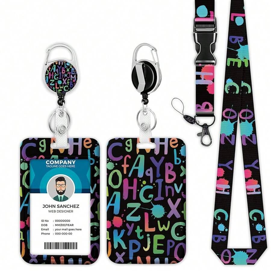 Colorful Alphabet Lanyards For ID Badges, Black ID Badge Holder With Lanyard Retractable Badge Holder/Reel Lanyard, Teacher Student Office Gifts,ColorfulAlphabet - 多彩字母表 - 查看 1