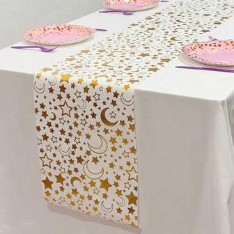 1pc 28*275cm Elegant Ramadan Table Runner - Black & Gold Stars, Crescent Moon Islamic Party Decor - Premium Linen Dining Table Decoration, Suitable For Eid Celebration, Wedding, Formal Events - Easy To Clean, Luxurious Appearance