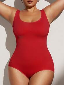 1pc Women Plus Size Seamless Bodysuit, Waist Cinching, Tummy Control, Butt Lifting - Red - View 8