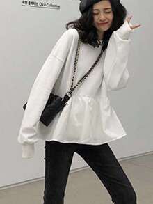 Camiseta de manga larga de color liso y corte holgado estilo coreano para mujer, ideal para estudiantes y para llevar de forma informal. Sudadera de mujer a la moda. - Blanco - Ver 2