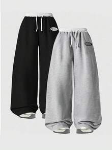 2pcs/Set Toddler Girls' Casual Loose Straight Leg Solid Color Knit Pants, Street Style - Multicolor - View 1