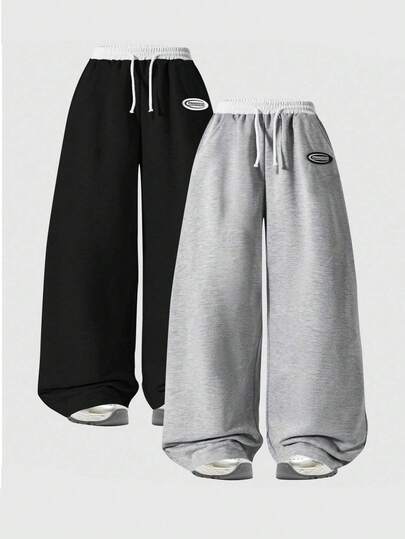 2件套女童休闲宽松直筒纯色针织裤，街头风