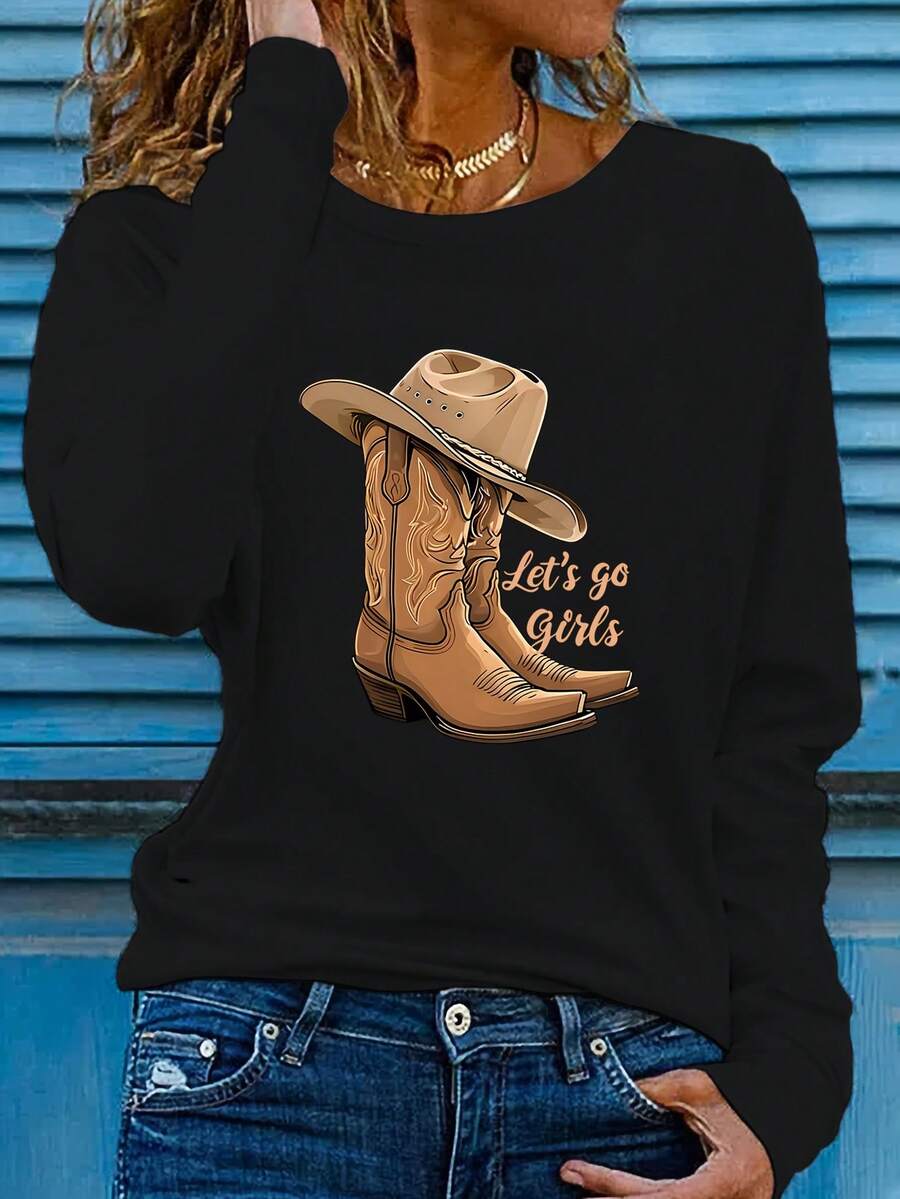 [Cowboy Boot Print Tee] Western Cowboy Boot Print Long Sleeve T-Shirt - Casual Polyester Fabric, Regular Fit, Autumn/Winter Fashion Top For WomenNew Women's T-Shirt: Casual And Versatile For Back-To-School Season High Value For Money, Soft And Skin-Friendly - 黑色 - 查看 1