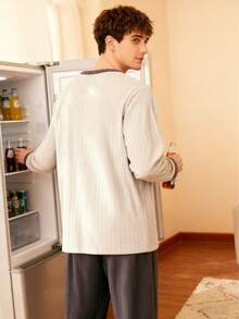 简约男士睡衣套装，保暖法兰绒睡衣，长袖宽松上衣搭配宽松长裤，秋冬款