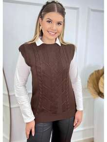 Women's Winter Knit Vest, Blogger Style, Simple, Casual, Knitted In Cable Stitch - Óxido marrón - Ver 2