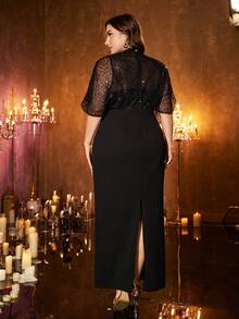 UNITHORSE Plus Women's Stand Collar Half Sleeve Sequins Mesh Fabric Patchwork Jersey Slim-Fitting Slit Evening Dress,Bridesmaid Dresses,Formal Dinner Dresses,Bridal Dresses,Wedding Guest Gown - Black - View 2