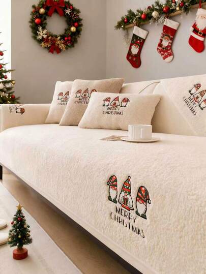 1 件 Sherpa 刺绣圣诞沙发垫套，3 个圣诞老人图案沙发枕，经典圣诞风格沙发套 - 100% 涤纶底部带防滑颗粒，宠物友好型沙发保护套，圣诞节专属设计，经典风格适合日常使用 - 圣诞快乐