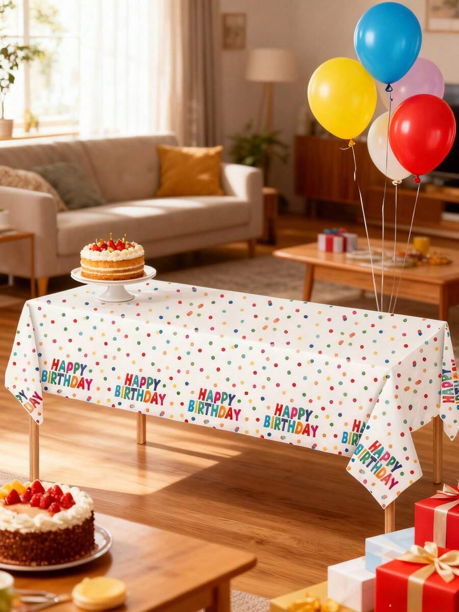 3pcs 137*274CM/53.94*107.87IN Disposable Tablecloth, Colorful Polka Dot "Happy Birthday" Print, Waterproof & Easy To Clean, Suitable For Birthday Parties, Celebrations And Daily Use - Multicolor - View 1