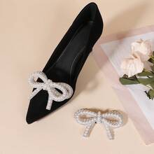 1 Pair New Fashion Pearl Shiny Bow Decor Shoe Clips, Removable Shoe Accessories Suitable For Women High Heels, Sandals - Apricot - View 4