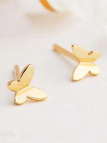1pair Women's Delicate S925 Sterling Silver Butterfly Stud Earrings For Earlobe