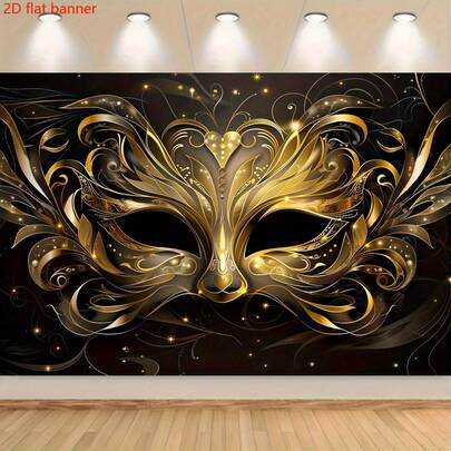 2D Flat Banner 1 Piece Of Photography Background Cloth, Carnival Background Cloth, Carnival Costume Ball Background Cloth, Bright Gold Mask Background Cloth, Dark Floor Stage Background, Suitable For Party Decoration