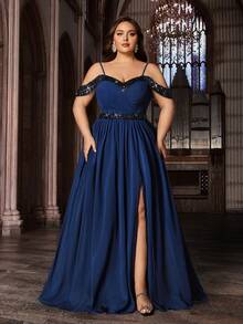 Elegant Curve Plus Size Women Chiffon Sequin Long Formal Dress, Open Shoulder Slit Hem Spaghetti Strap Evening Gown Wedding Spring Party - Navy Blue - View 1