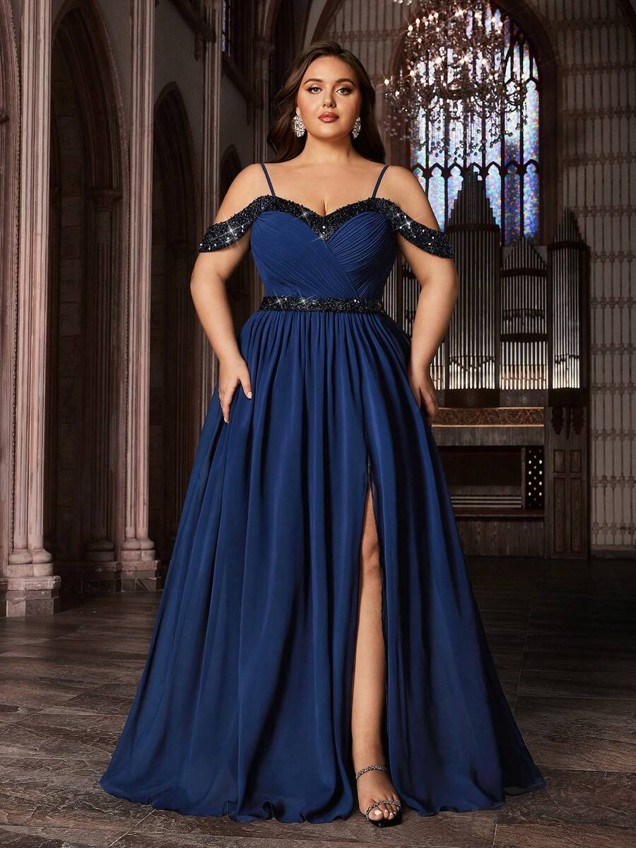 Elegant Curve Plus Size Women Chiffon Sequin Long Formal Dress, Open Shoulder Slit Hem Spaghetti Strap Evening Gown Wedding Spring Party - Navy Blue - View 1